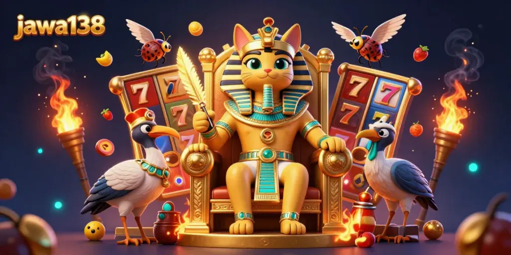 Engage with thrilling slots at jawa138, featuring a dynamic scene with a pharaoh cat and jackpot symbols.