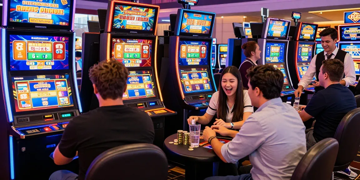 Excited players engaging in slot deposit qris promotions at a vibrant casino.