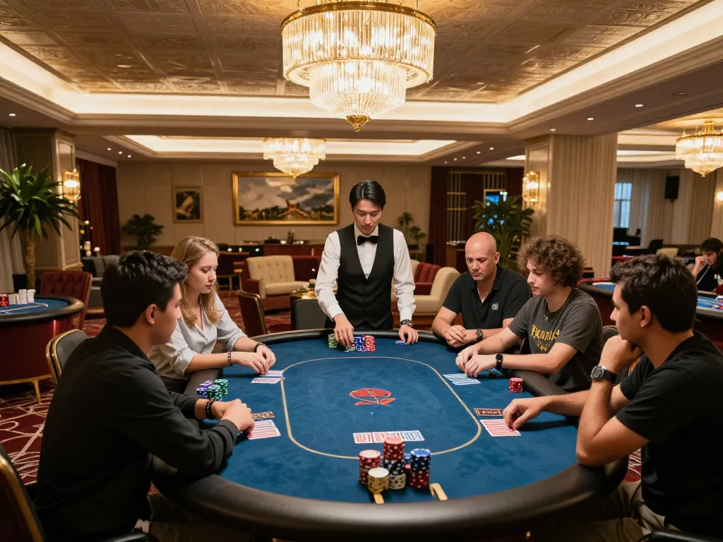 High-stakes poker scene at VIP gaming table featuring excited players at https://888vnd.bid/