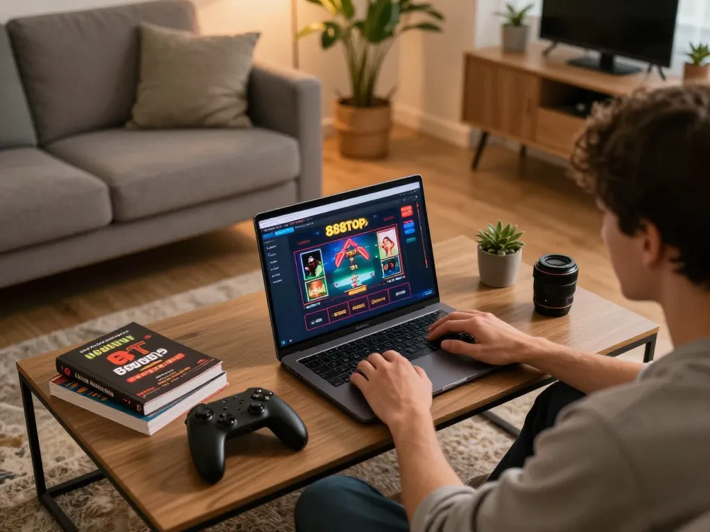Player engaged in 888top online gaming on laptop in a cozy home setting while applying strategic techniques.