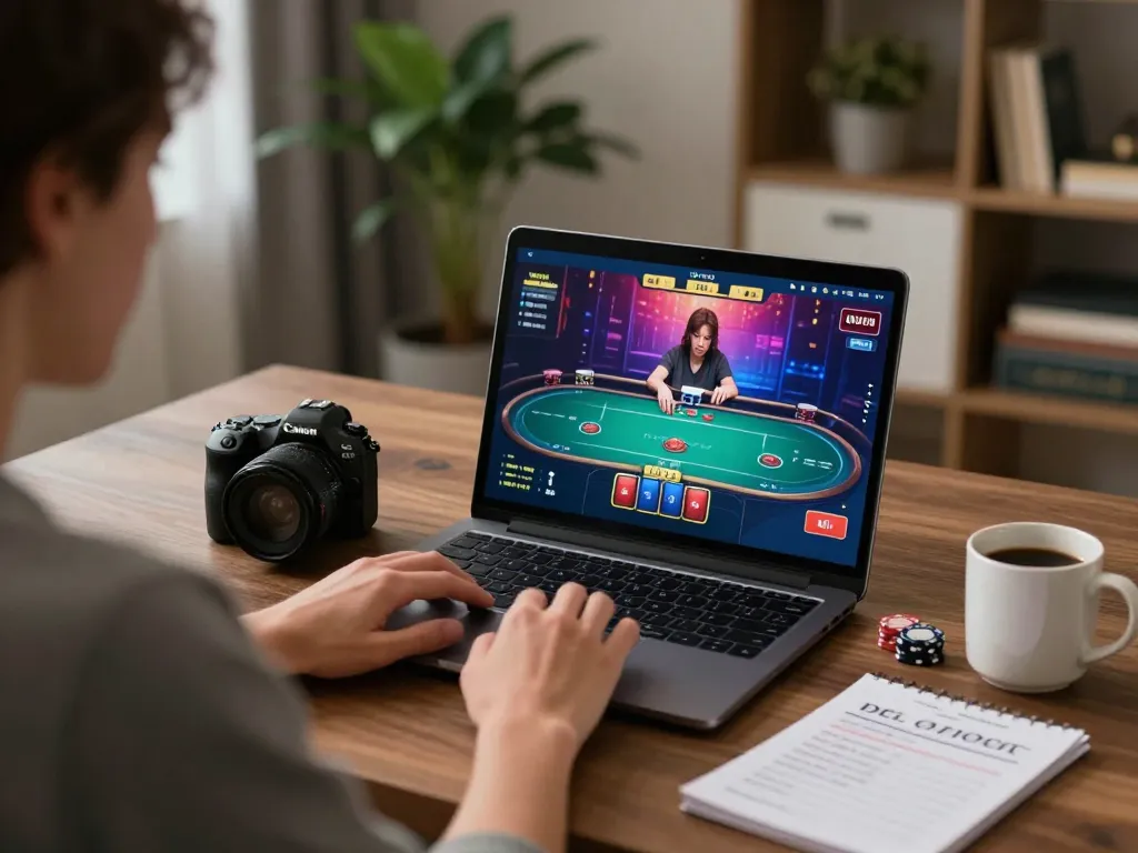 Player using fly 88 online poker platform at home, laptop displaying game interface, cozy atmosphere