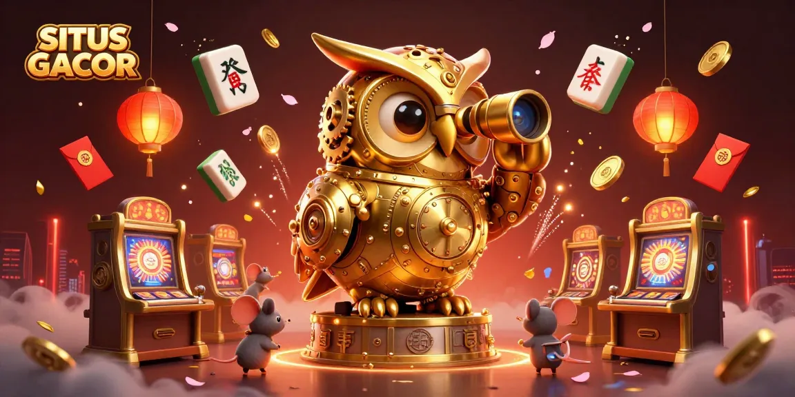 Engage with SITUS GACOR in this vibrant casino scene with a golden owl and whimsical mice.
