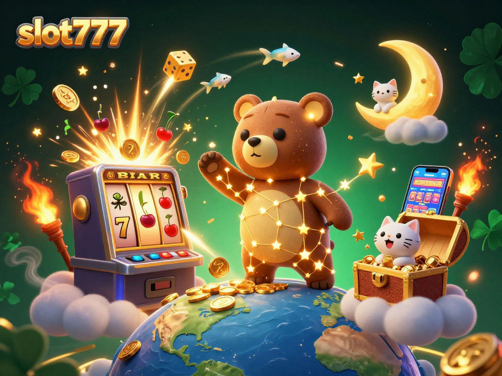Spin and win with slot777 featuring a cosmic bear, slot machine, and treasure in vibrant colors.