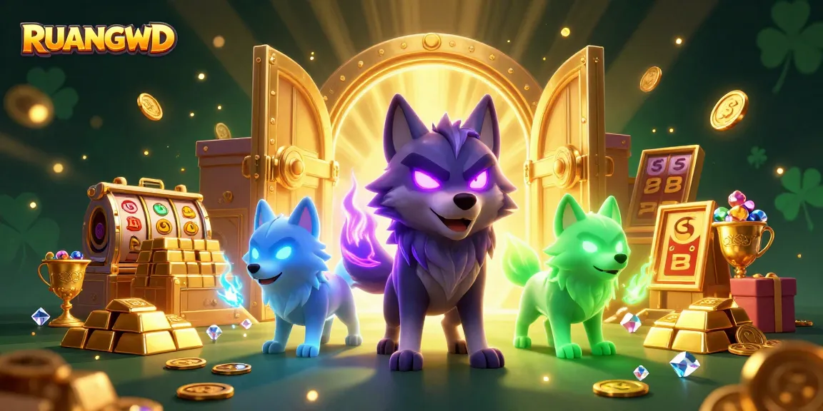Engage with RUANGWD's online slot reels and ghostly companions in a treasure-filled casino scene.
