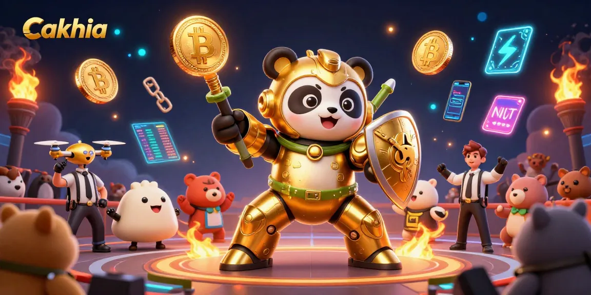 Cakhia features a mech-suit panda battling in a vibrant arena filled with crypto symbols.