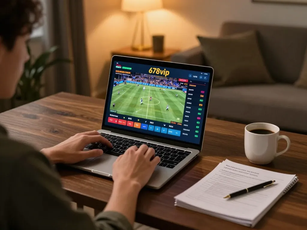 Engaged gambler using 678vip for online sports betting with a laptop at home.