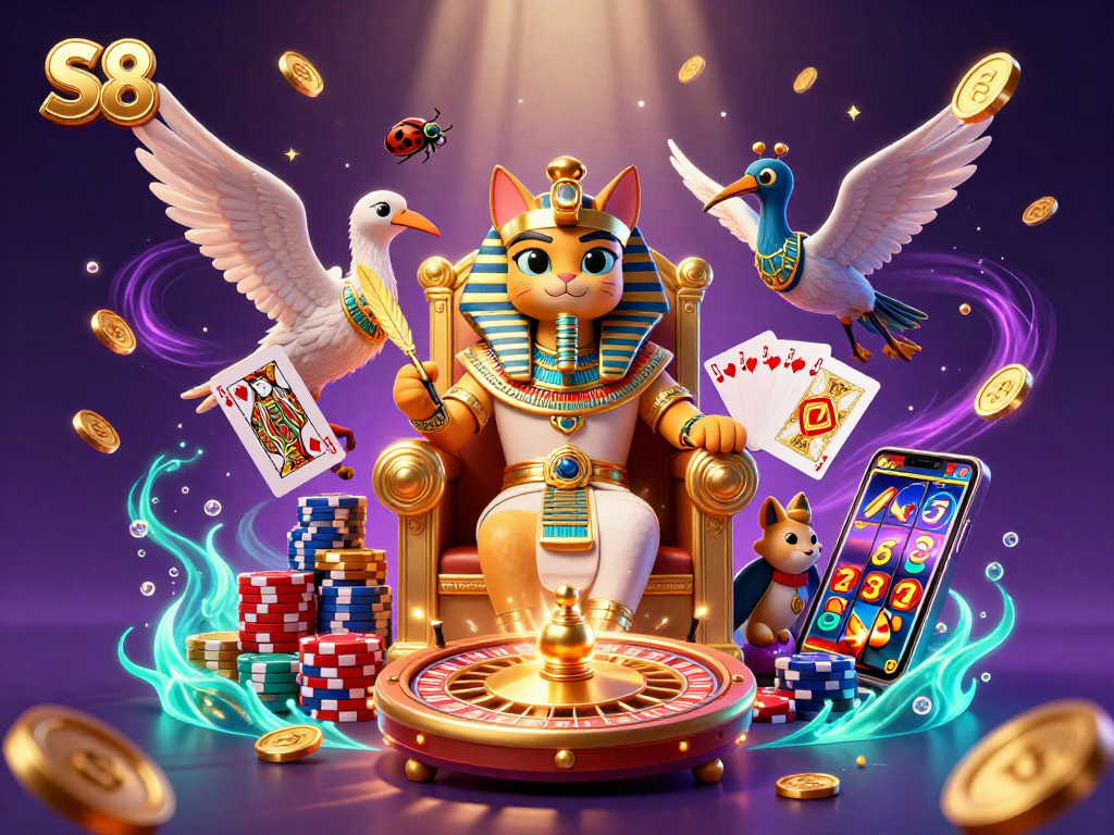 Experience S8's thrilling world, featuring a dynamic scene of a pharaoh cat and scribe amidst sparkling casino elements.