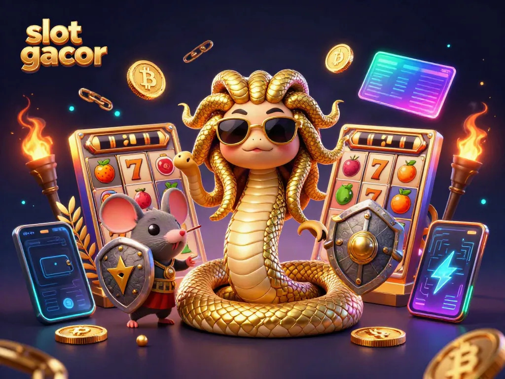 Slot gacor menampilkan Medusa kartun bersahabat dan mouse pejuang, dikelilingi elemen kasino warna-warni.