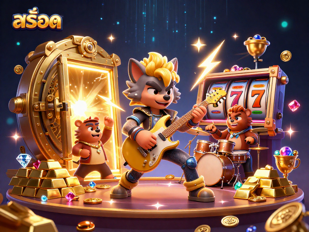 Engaging illustration of สล็อต elements with a rock star wolf, drummer bear, and dynamic casino items.