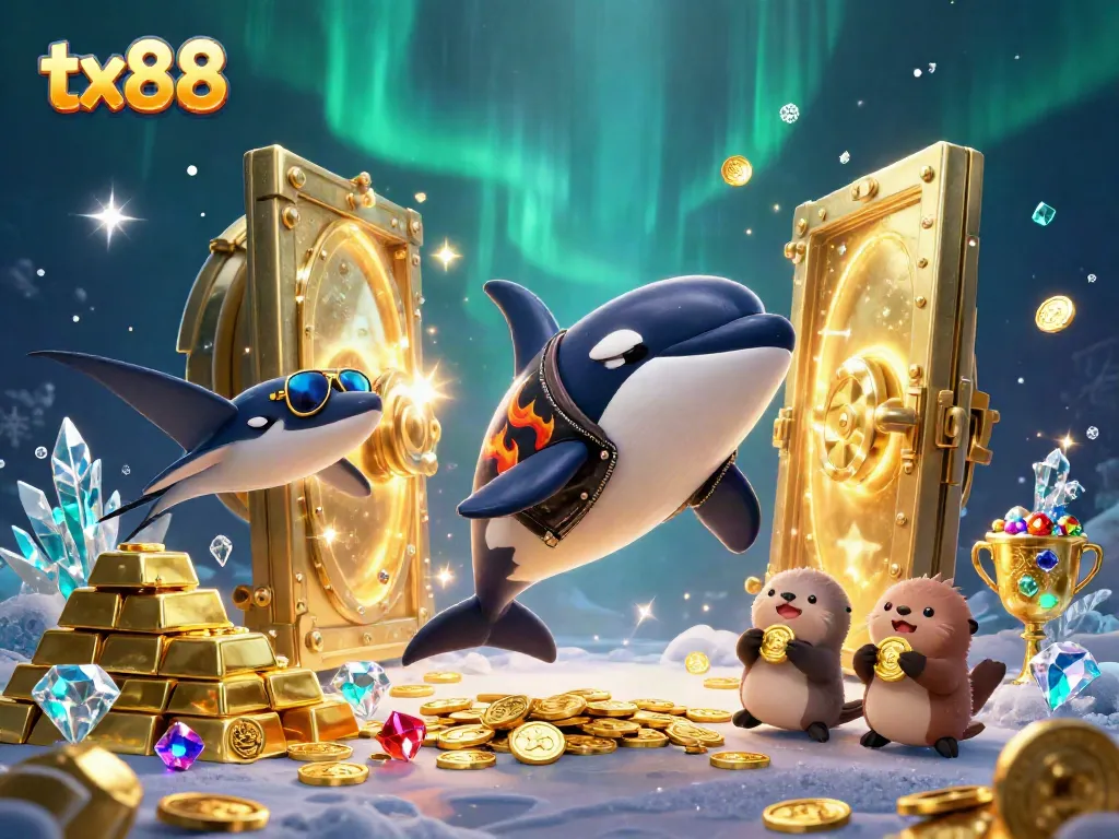 Engaging scene with cartoon orca and stingray celebrating winnings at tx88 casino, highlighting vibrant treasures.