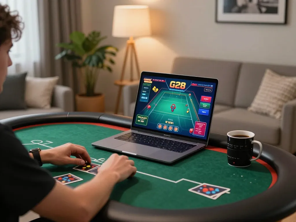 Player engaging with G28 poker game interface, analyzing bets in a cozy home gaming environment.