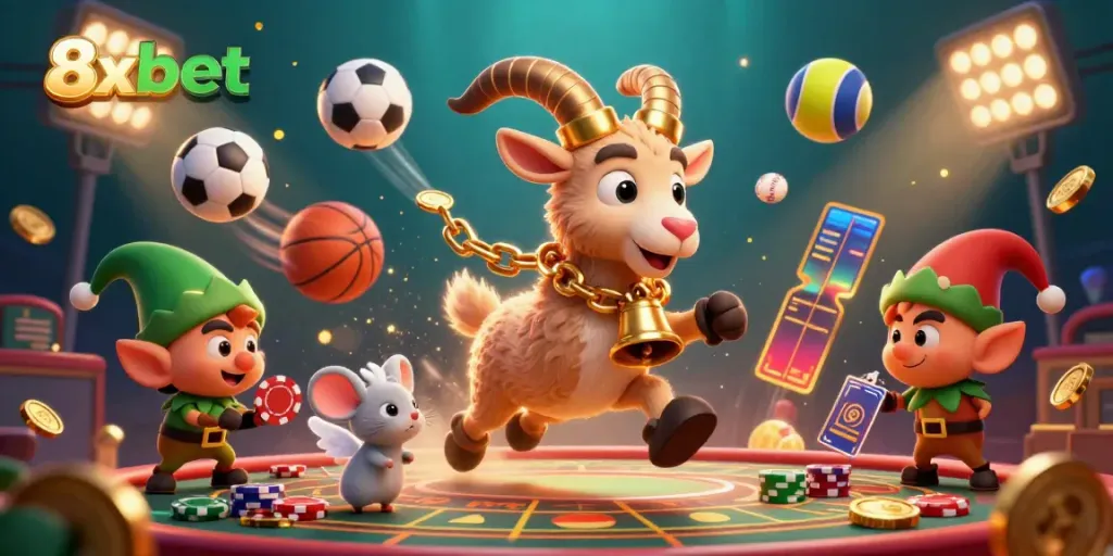 Experience the thrill of gaming at 8xbet, featuring a vibrant casino scene with a lively 3D Krampus and chaotic elves.