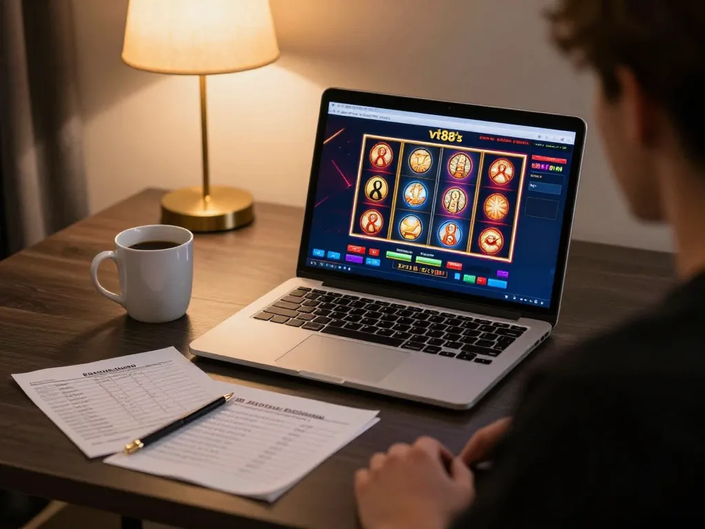 Play slots on vt88 with a laptop setup, showcasing online casino experience and bankroll management notes.