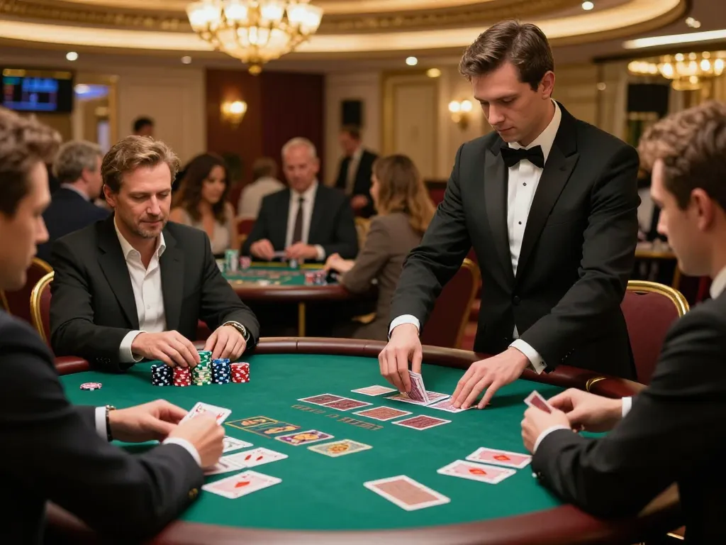 Engaged players at Hi88s blackjack table analyzing cards and making strategic bets.