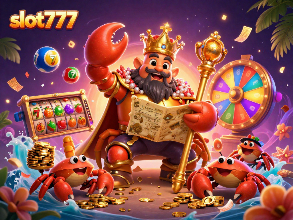 Win big with slot777, featuring a golden crab emperor and immersive jackpot elements in vibrant 3D.