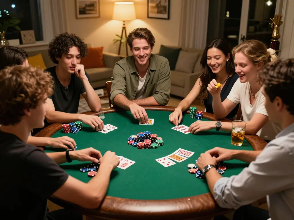 Playing poker with friends at home while discussing strategies and placing bets on link 98win.