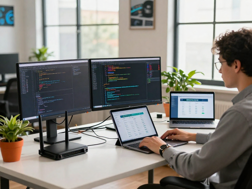 Servicios de web hosting en México, profesional de IT trabajando en su oficina moderna con monitores que muestran análisis de servidor y rendimiento web.