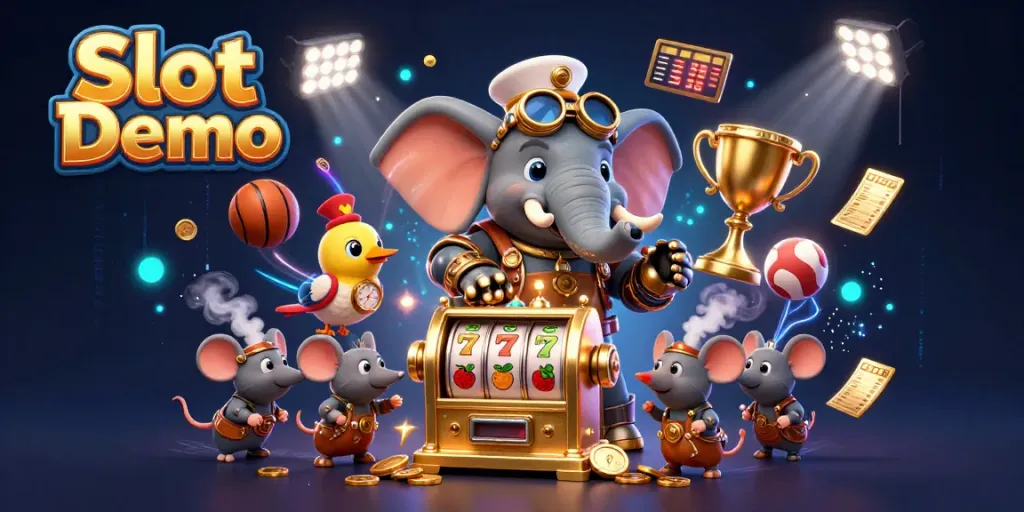 Experience exciting Slot Demo games with an energetic 3D scene featuring a steampunk elephant engineer and dynamic game elements.