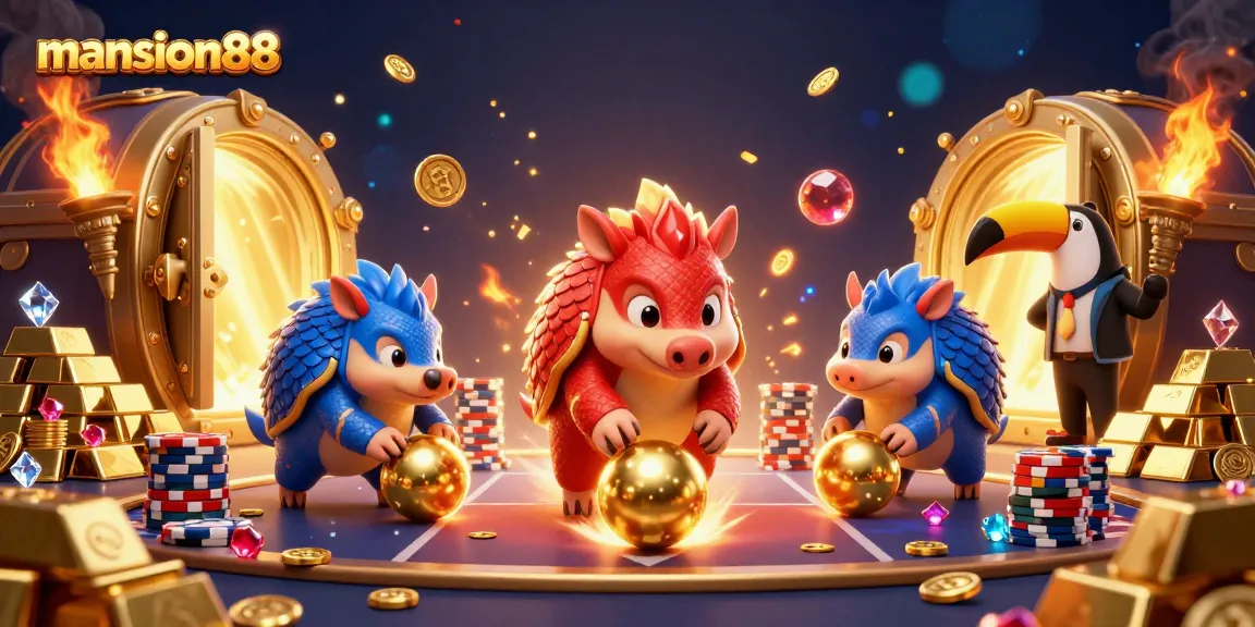 Join the excitement at mansion88 with colorful pangolins rolling golden balls among poker chips in a lively casino scene.