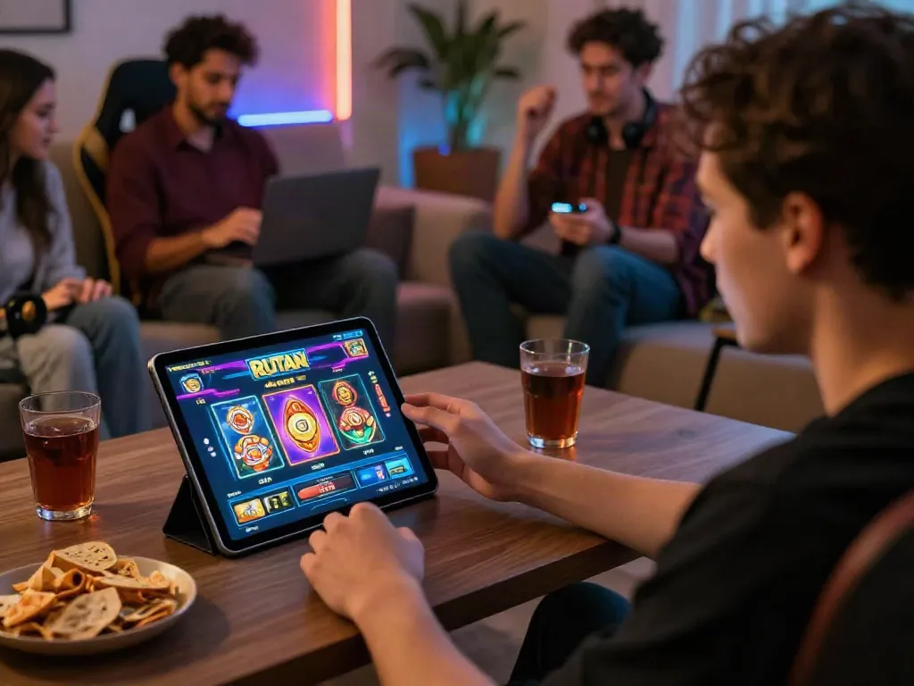 Experience Rutan Slot excitement in a cozy gathering, showcasing gaming atmosphere with friends and engaging interface.