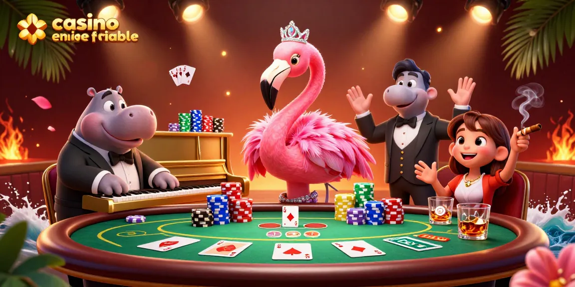 Visualisez une scène animée de casino en ligne fiable avec un flamingo chanteur au piano et un hippopotame bassiste.