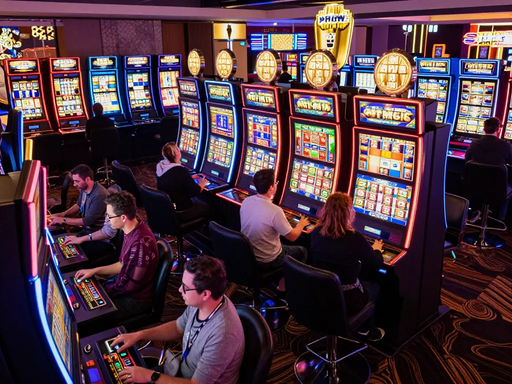 Engaged players in a vibrant slot machine area excitedly participate in slot bet 200.