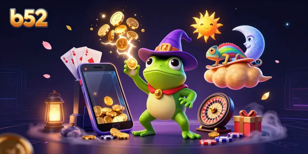 Experience the thrill of b52 gaming with a magical display of winning coins and vibrant casino elements!