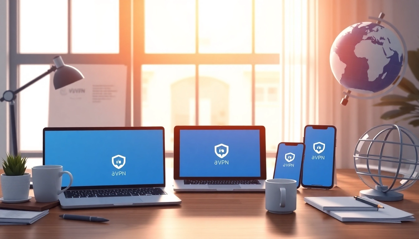 在一个安全、现代化的工作环境中，快连VPN 应用程序在多台设备上显示。
