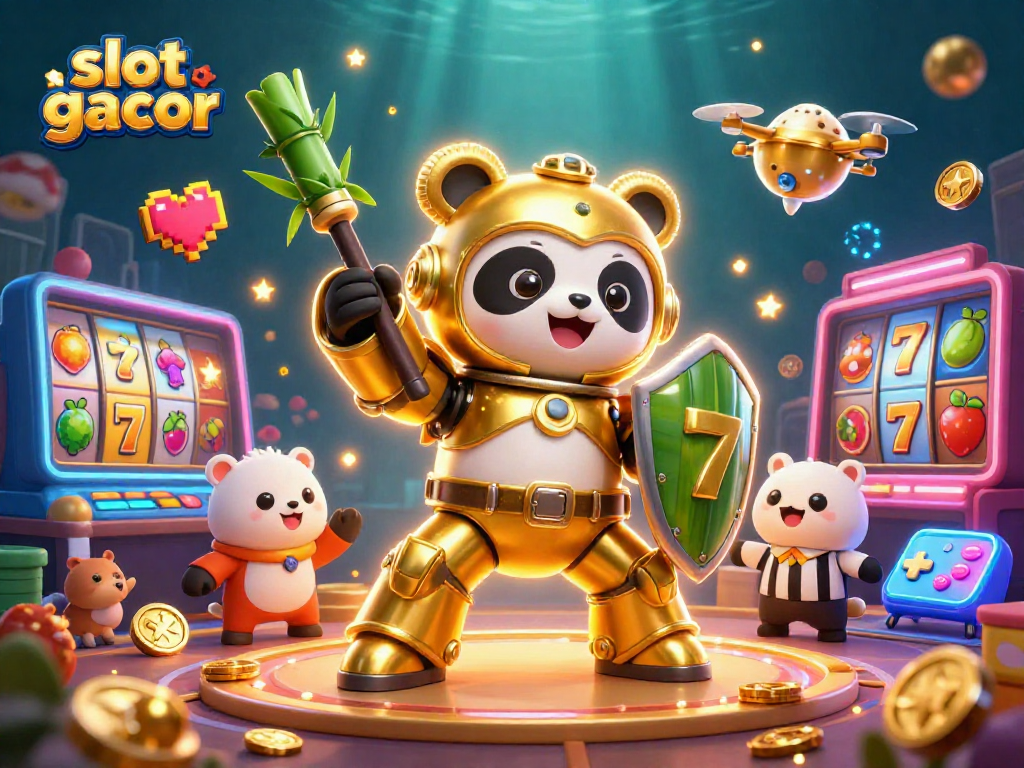 Experience thrilling slot gacor action featuring game reels and dynamic characters in a vibrant casino scene.