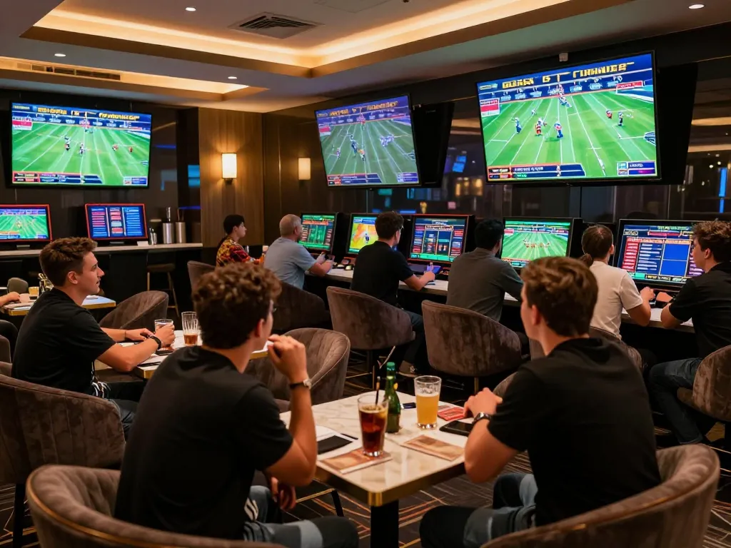 Friends strategizing while placing bets at OKFUN's sports lounge, showcasing excitement and teamwork