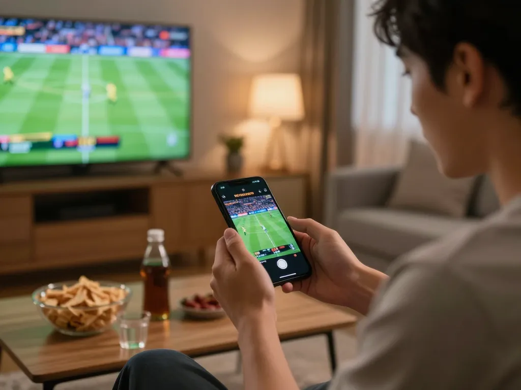 Open88 user enthusiastically placing sports bets on a smartphone while watching the game, showcasing engaging gambling moments.