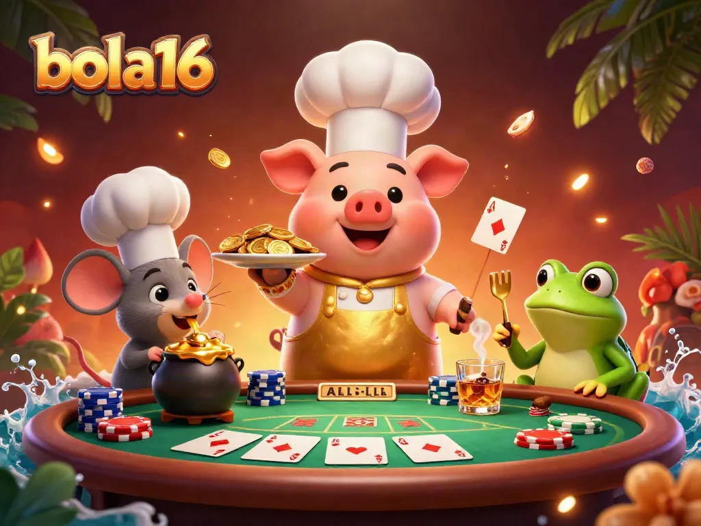 Bola16 players enjoy a vibrant poker scene with a chef pig serving gold coins, celebrating wins.