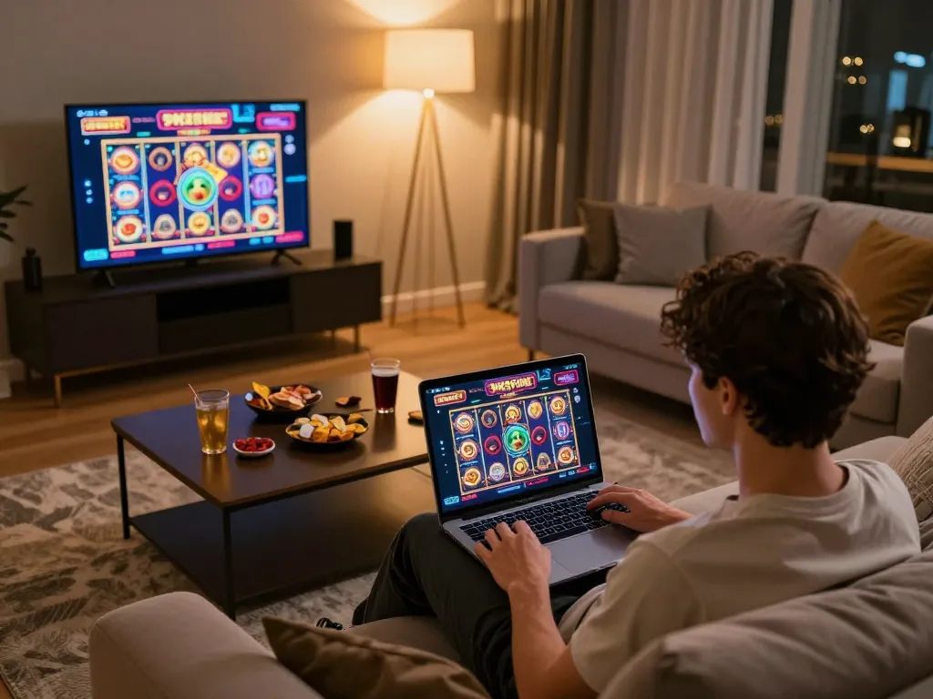 Engaging 92slot online gaming session in cozy living room, person enjoying slots on laptop.