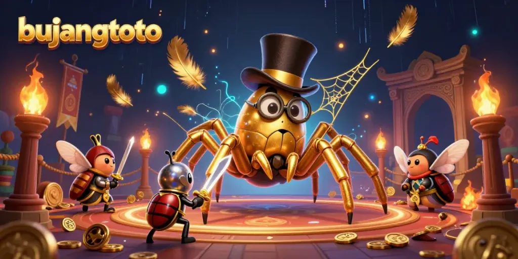 Bujangtoto's vibrant casino world with a golden tarantula and knight engaging in a dynamic scene.