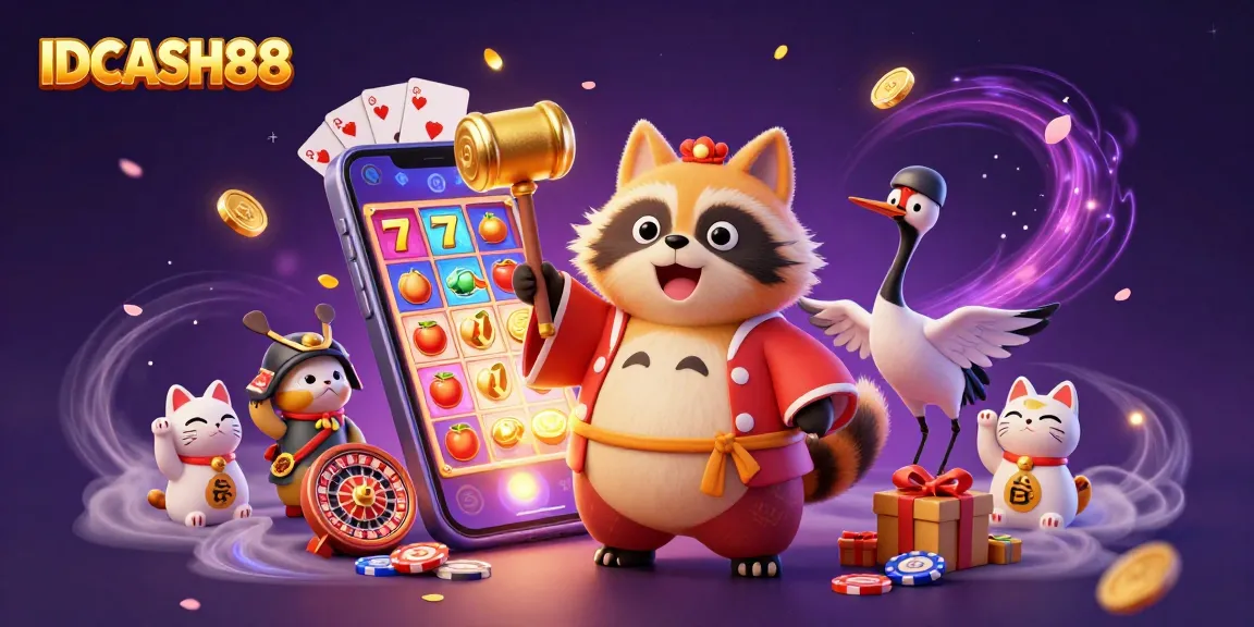 Engage with IDCASH88, the vibrant online casino, featuring a joyful tanuki and lucky symbols.