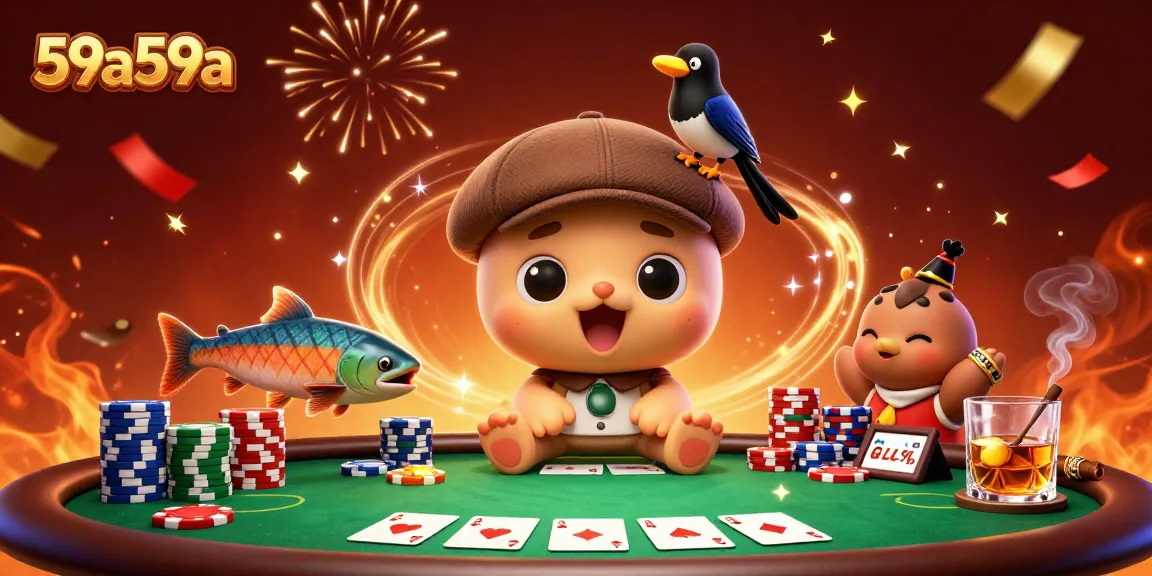 Engage in thrilling gameplay with cartoon characters celebrating at 59a59a poker scene.