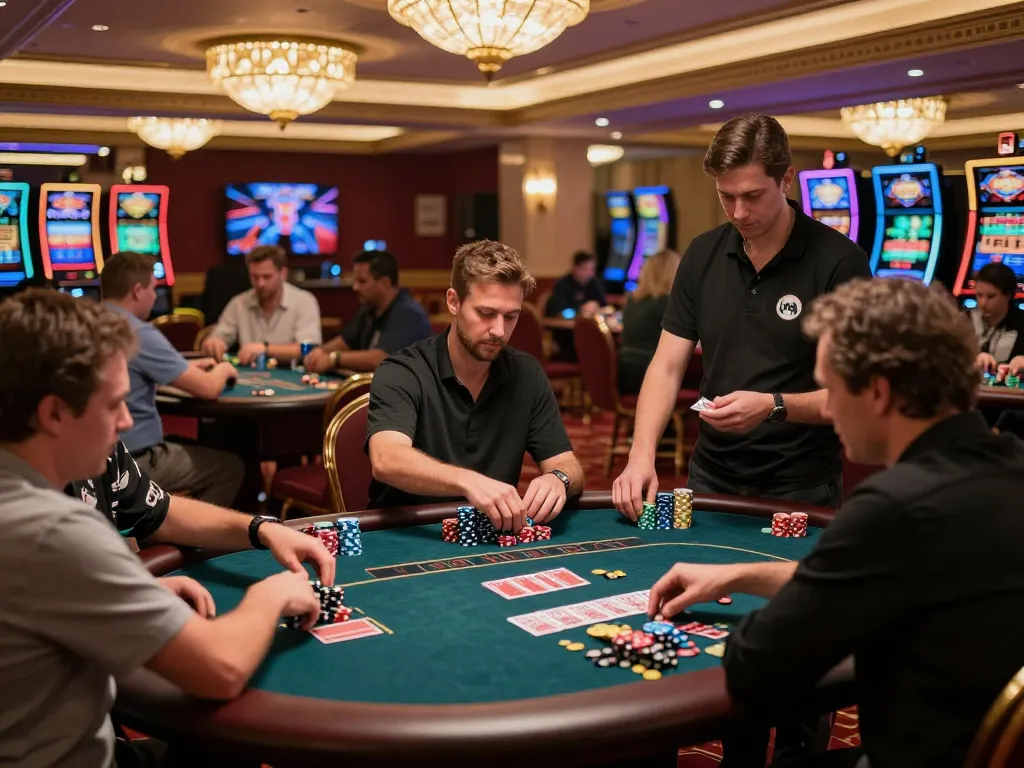 Dynamic casino gameplay at XX88 with players engaged in poker, colorful chips, and luxurious atmosphere.