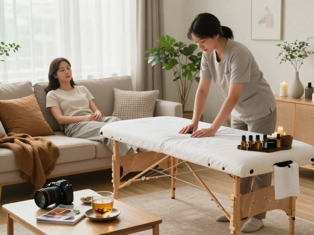 Client preparing for 노원출장마사지 in a cozy home setting with a therapist setting up the massage space, creating a relaxing atmosphere.
