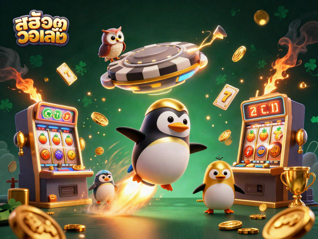 Experience the thrill of สล็อตวอเลท with vibrant slot machines and a golden penguin on a dynamic adventure.