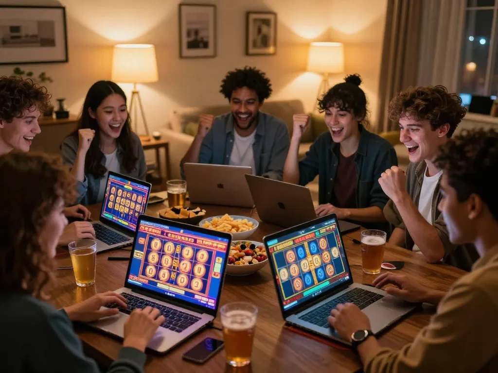 Engaging gameplay on slot gacor showcasing friends celebrating wins together in a cozy home setting.