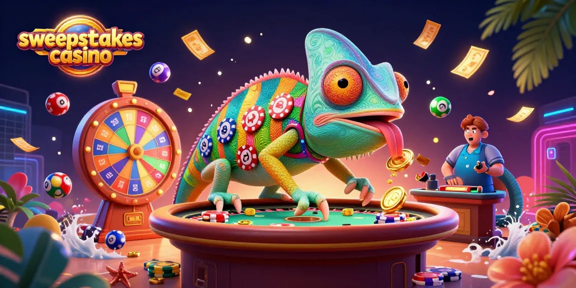 Engage with the vibrant sweepstakes casino scene featuring a colorful chameleon and dynamic lottery elements.