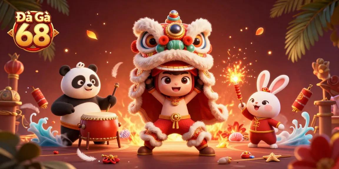 Engage with Đá Gà 68 in an exhilarating lion dance themed 3D illustration showcasing vibrant casino elements.