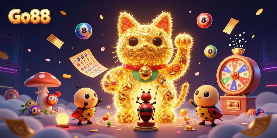 Experience the excitement of Go88 with a lucky cat and vibrant casino elements in a dynamic scene.