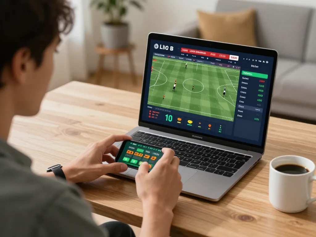 Kuwin player placing bets on live sports with a smartphone in a stylish home setup.