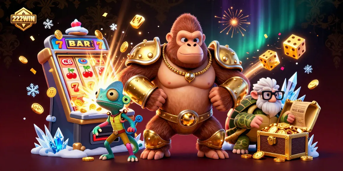 Experience thrilling wins with 222WIN's vibrant casino adventure featuring a powerful gorilla, chameleon, and tortoise.