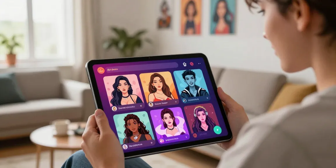 Engaging in an ai porn chat on a tablet in a stylish modern setting, surrounded by character illustrations.