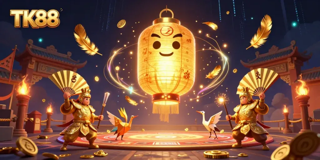 Engage with TK88's vibrant casino universe featuring a golden lantern spirit and dynamic warriors.