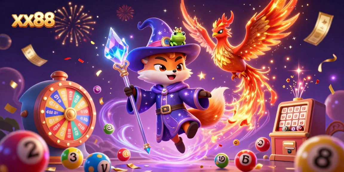 Experience xx88’s vibrant gaming world with mystical characters and dynamic lottery elements in a 3D illustration.