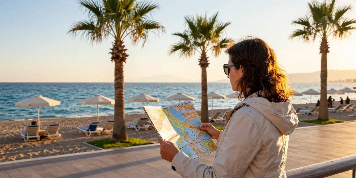 Antalya weather: Traveler enjoying warm winter sun on the vibrant Mediterranean beach.