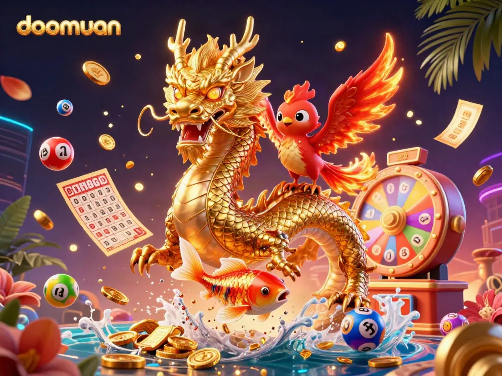 Dive into doomuan’s gaming scene with vibrant dragons and lucky koi amidst colourful lottery elements.